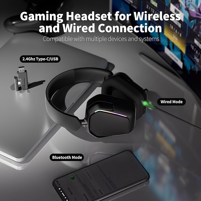 RK ROYAL KLUDGE G10 Gaming Headset with Microphone, Wireless/Bluetooth 5.3/Wired Gaming Headpones for PS5/4, Switch, PC, 40mm Dynamic Drivers, 7.1 Surround Sound, Black
