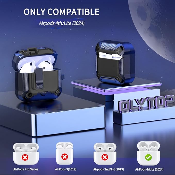 for Airpods 4 Case with Phone Stand&Lock Clip, Rugged Apple Airpods 4th Generation Cover 2024 Men Women, Armor Shockproof iPod 4 Gen Protective Hard Shell with Carabiner&Cleaner kit, Black