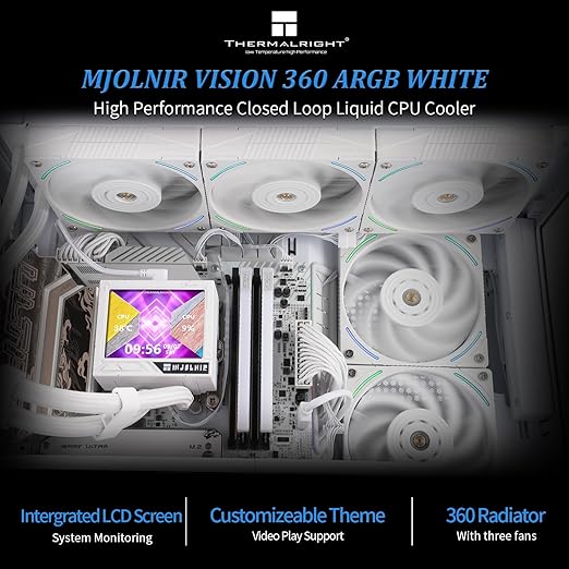 Mjolnir Vision 360 ARGB White CPU Water Cooler,3 PWM Fans Water Cooling System with 2000PRM,for AM4/AM5&Intel LGA1851/1700, Magnetic Detachable LCD Screen with 320 * 240 Resolution
