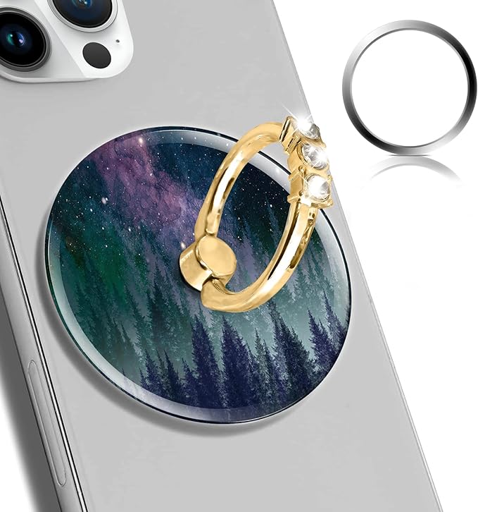 Magnetic Phone Ring Holder Compatible with MagSafe, Cute Phone Grip Stand with 360° Rotation Gold Glitter Finger Ring Kickstand Accessories for Most Phones Cute Purple Forest