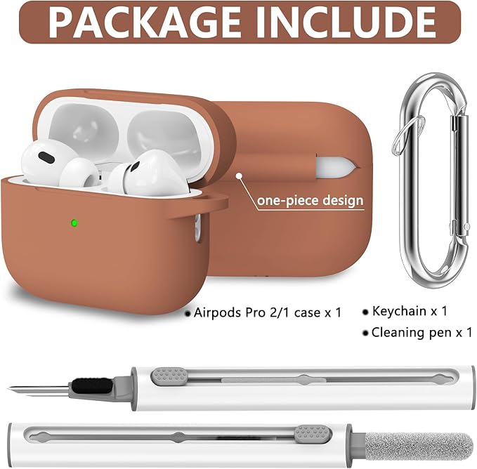 Apple AirPods Pro Case Cover with Cleaner Kit, Soft Silicone Protective Case for Women Men, Accessories with Keychain - Brown