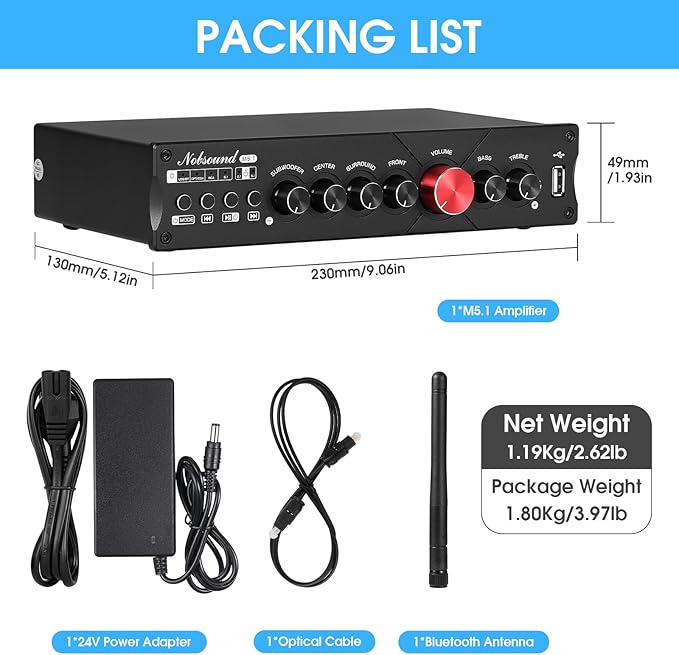 Nobsound HiFi 5.1 Channel Bluetooth Amplifier Stereo Home Theater Power Amp Subwoofer Amp