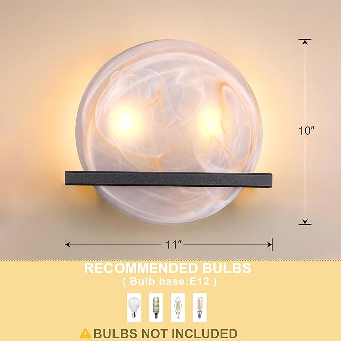 2 Light 10" Round Red Glass Bathroom Wall Sconce Modern Concise Style Wall Light Fixture,Black Finish for Bedroom Hallway Bedside