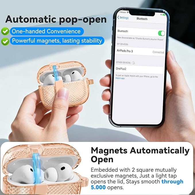 for AirPods Pro 3 Case 2025 with Phone Stand & Secure Lock, Auto-Open Clear Case Cover Compatible with Apple AirPods Pro 3rd Generation with Cleaning Kit & Keychain