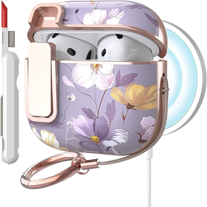 TATOFY Cover for AirPods Pro 4th Generation Case with Lock Clip Cleaner Kit Slim Hard AirPod 4 Lock Case Compatible with MagSafe (Violet)