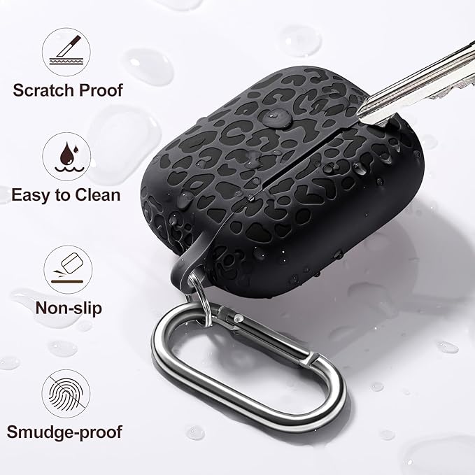 Compatible with Airpods Pro 2nd Generation Case, Leopard Engraved Soft Silicone Skin Cover Full Protective Case for AirPods Pro Case 2nd/Airpod Pro Case Cover,Front LED Visible,Black