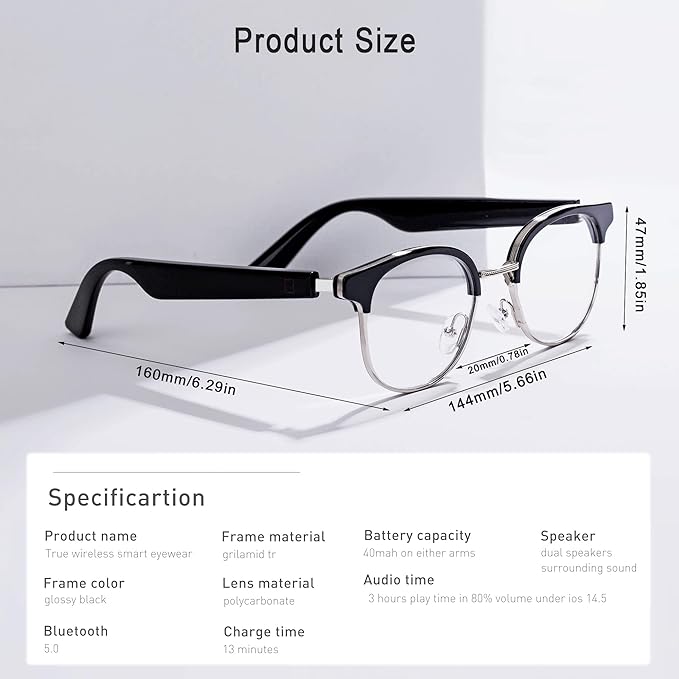 X00MEER Smart Glasses, 5.3 Bluetooth Glasses with Dual Stereo Speakers, Voice Assistant Compatible,Music &HD Calling, for Men & Women (KX04B)