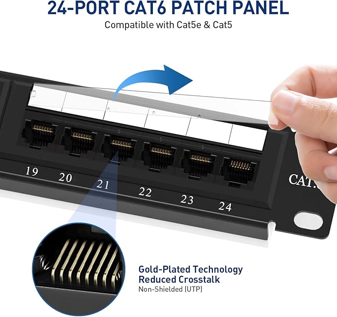 Cat6 Patch Panel 24-Port, UTP 1U 19-Inch Rack Mount Network Panel, All-in-One Design with Built-in Cable Management, Gigabit Ready Ethernet Punch Down Panel (110 Type Tool Compatible)