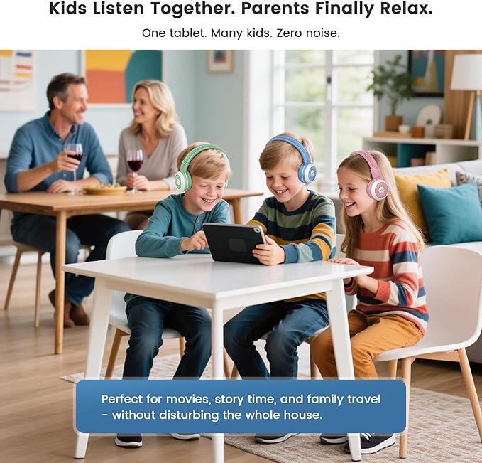 SIMOLIO Auracast Kids Headphones with Wireless Audio Sharing for Group Listening - Connect Multiple Headsets to One Bluetooth Source, Built-in Microphone, Foldable for Classroom, Trips & Home