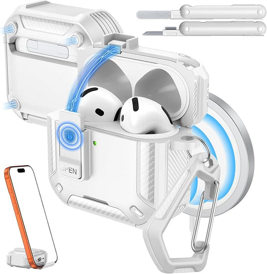 MoKo for AirPods 4 Case with Lock 2024 - Compatible with MagSafe, Phone Stand & Auto Pop-up for AirPods 4th Generation Case, Military-Grade Protective Cover with Cleaner Kit, White