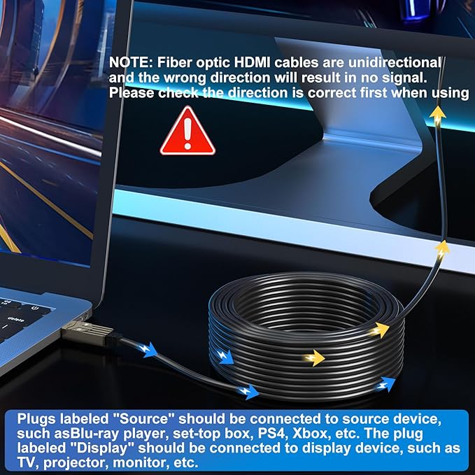 Fiber Optic HDMI Cable 150ft,18Gbps 4K@60Hz(4:4:4) Unidirectional Active 2.0 Cord,Support HDR10 ARC HDCP 2.2 3D CEC Atmos DTS:X, Ultra high Speed Flexible and Slim（45m）