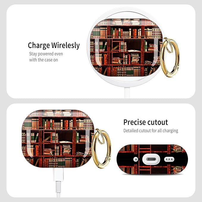 Cute Hard Case Compatible with AirPods Pro 3rd Generation Case (2025), Shockproof Protective Cover with Golden Keychain Ring Clip (Bookshelf)