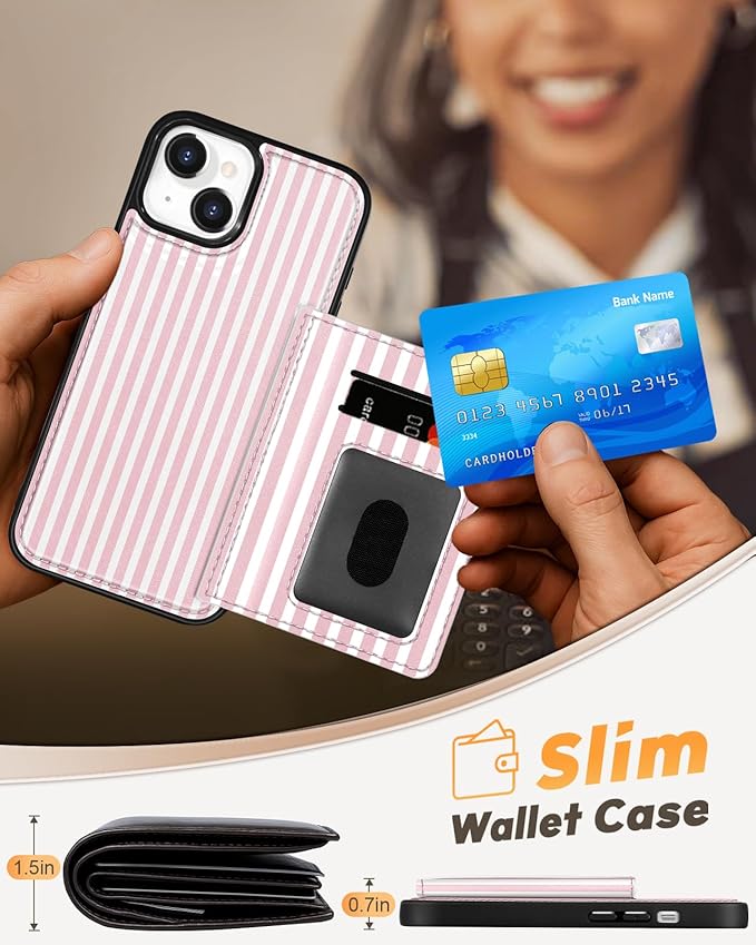 for iPhone 14 Plus Case with Wallet - Fits 4 Card Slots, Compatible with MagSafe for Women Aesthetic Durable PU Leather Credit Card Holder Kickstand Phone Cover for Apple 14 Plus, Stripe