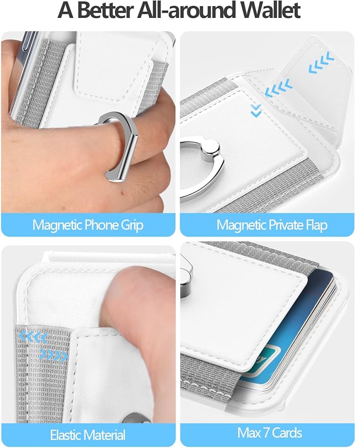 For Magsafe Wallet with Grip, 6-Card Holder, Stronger Magnetic Card Wallet Holder for iPhone 17/16/15, iPhone 14/13/12 Series, Leather Magnetic Phone Wallet with Privacy Flap, RFID Blocking, White