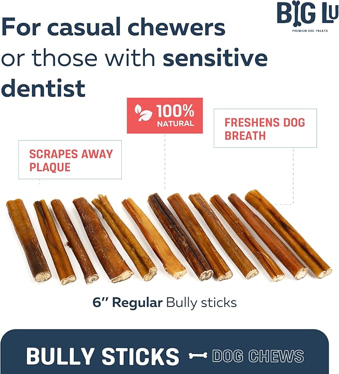 Big Lu - 6” Bully Sticks, 12 Count, Long-Lasting, Low-Odor, 100% Grass-Fed Beef Chews for All Dog Breeds, Natural Single-Ingredient, Fully Digestible Treats