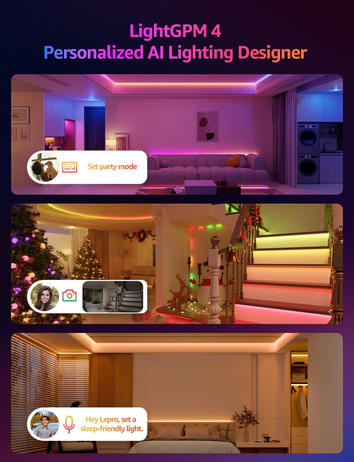 AI Smart LED Strip Lights 16.4ft RGBCW WiFi and Bluetooth App Control Color Segment DIY Personalized Lighting
