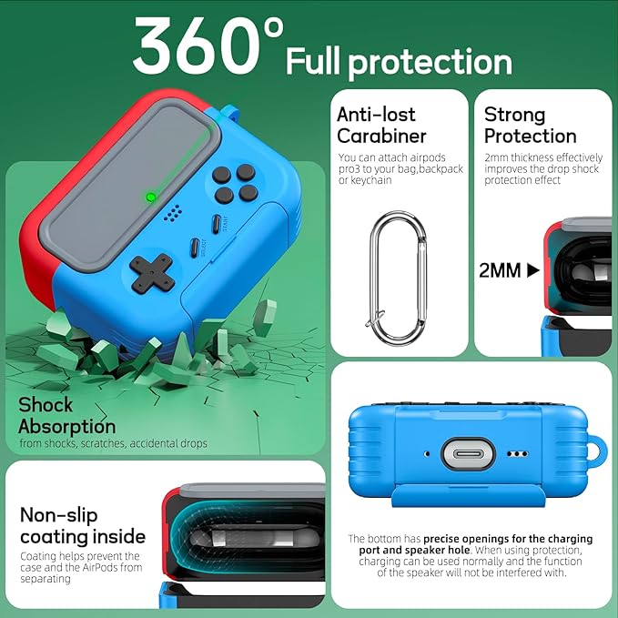 Inesore for Airpods Pro 3 Case Cover with Cleaner Kit,with Lock for Airpod Pro 3 (2025),Classic Cool Funny Game Console Hard Air Pods Pro 3 Case for Men Boy(Red Blue)