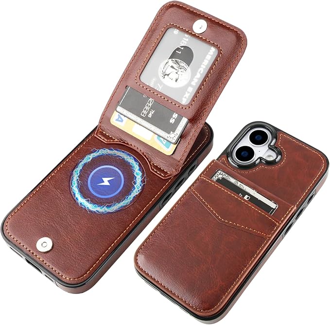 KIHUWEY for iPhone 17 Case Wallet Compatible with MagSafe Wireless Charging, Credit Card Holder, RFID Flip Leather Magnetic Clasp Kickstand Heavy Duty Protective Cover 6.3 Inch (Brown)