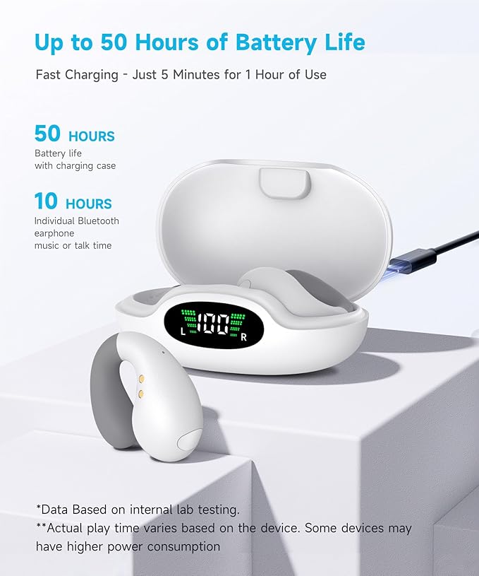 Ultra Open Ear Earbuds - Ergonomic Clip-On Earbuds, Bone Conduction Over-The-Ear Headphones with Waterproof Design and Secure Fit for Small Ears, Ivory White
