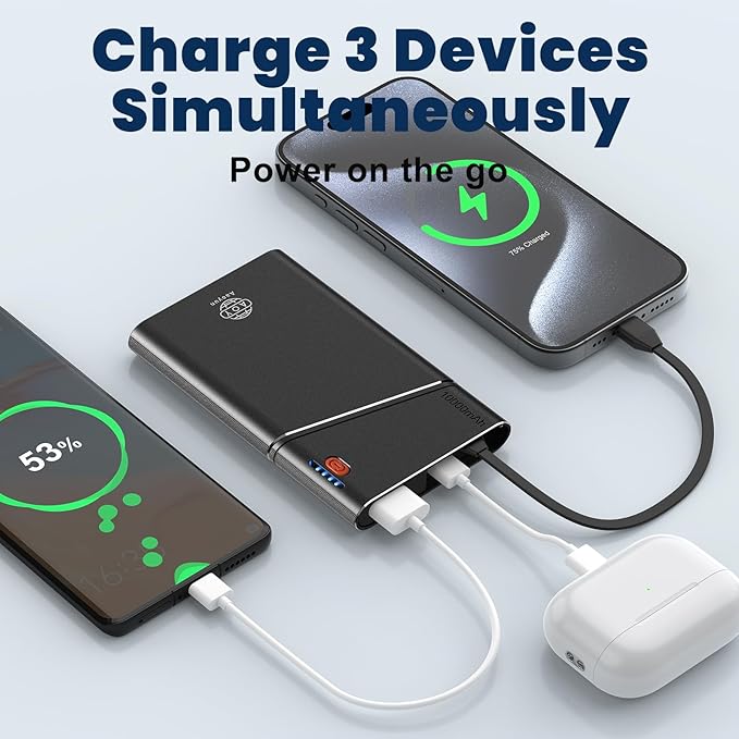 Portable Charger Power Bank, 10000mAh 22.5W PD Fast Charging Powerbank with Built-in USB C Cable, Slim External Phone Battery Pack for iPhone 17/16/15 Samsung S24 Android etc (Black)