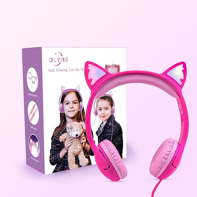 Olyre Kids Headphones with Sharing Port, Safe 85db Volume Control Light Up Cat Ear Headphones for Tablets/E-Readers, Wired Children Headphones with Microphone for School Learning Travel - Rose