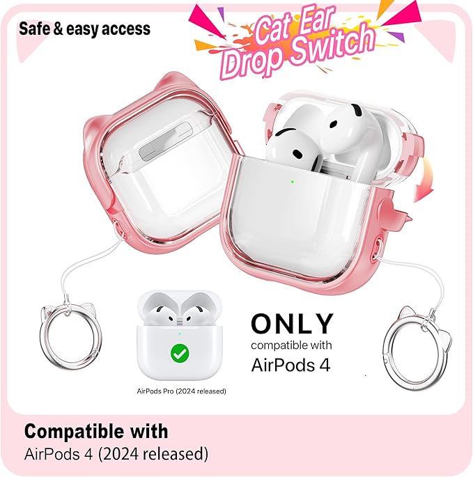 RFUNGUANGO AirPods 4 Case for Women Girly Cat Case with Lock, Phone Stand,Keychain & Cleaner Kit, Compatible with Apple Airpods 4th Generation Case Cover, Transparent Pink