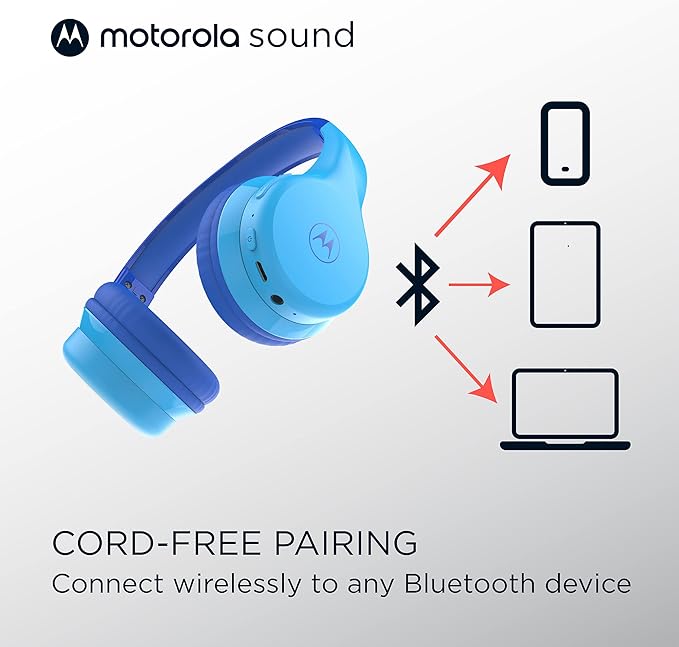 Motorola Sound JR300 Bluetooth Wireless Toddler Headphones with Microphone - Over Ear Kids Bluetooth Headphones with Safe Volume Limit 85dB, Audio Splitter for School, Home - Blue