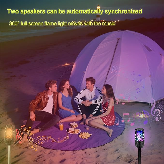 Outdoor Speakers, Colorful LED Flame Speaker, Outdoor Bluetooth Speakers Waterproof Wireless, Bluetooth 5.3, Stereo Sound, Portable Wireless Speaker with Stake, Hook for Patio/Yard/Porch(2 Pack)