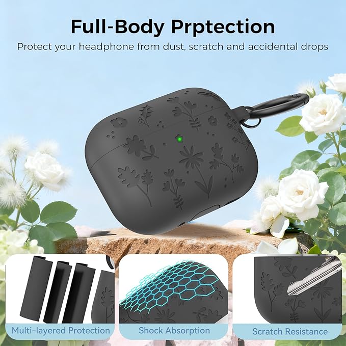 AhaStyle AirPods Pro 3 Case Cover (2025) Flower Engraved Cute Silicone AirPods Pro 3rd Generation Case Full Body Shockproof Cover Skin for Apple AirPods Pro 3rd Gen with Cleaning Kit for Women Girls