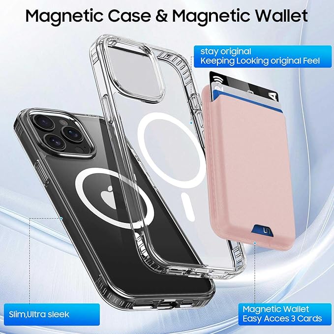 Magnetic for iPhone 13 Pro Max Clear Case with Pink Card Holder, Compatible with MagSafe, Slim Shockproof Phone Cover with Detachable Wallet, Built-in Magnet Ring