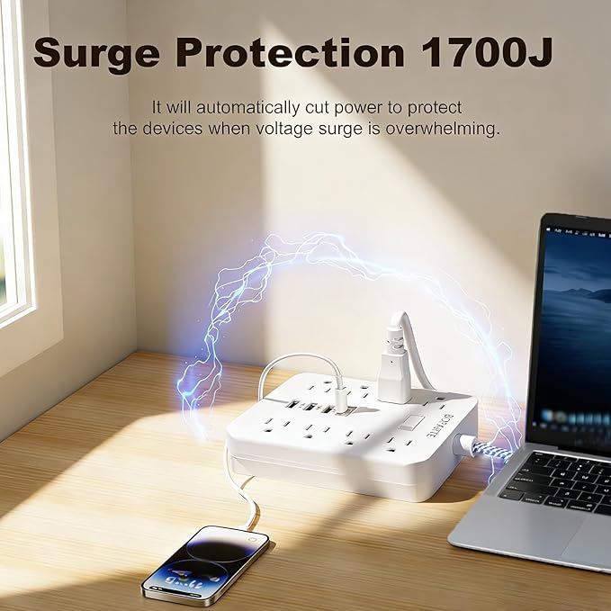 Surge Protector Power Strip, 10 Ft Extension Cord with PD 30W USB C Port, 8 AC Outlets and 3 USB A Ports for Home, Office, Dorm Essentials, 1700 Joules, White