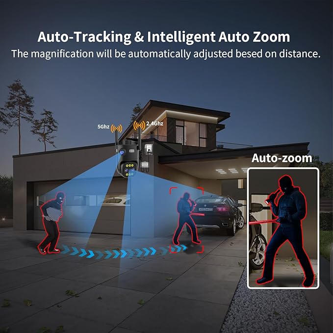 Triple-Lens Outdoor Security Camera Auto Zoom & Tracking,with 10X Hybrid Zoom,Wired 2.4G/5G WiFi Camera for Home Security,24/7 Continuous Recording,Plug-in Power,Work With NVR/DVR Surveillance System
