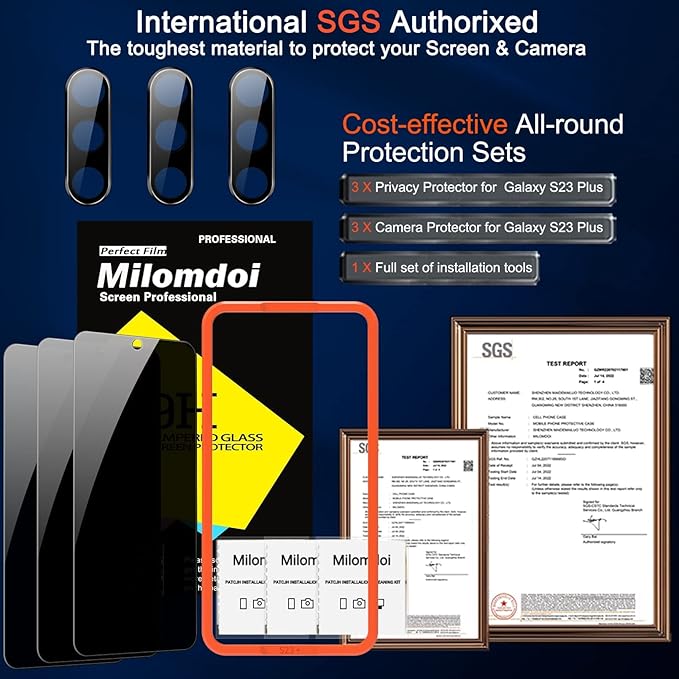 Milomdoi [3+3 Pack] for Samsung Galaxy S23 Plus S23+ Privacy Screen Protector Tempered Glass Accessories 3 Pack Privacy Screen Samsung Galaxy S23 Plus S23+ 3 Pcs Camera Lens protector Case Friendly
