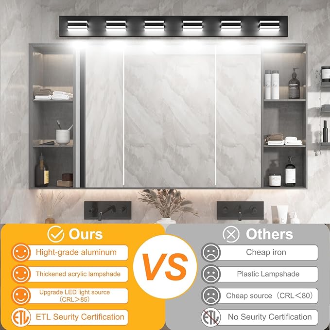 Ralbay 48inch Modern LED Vanity Light for Bathroom 6-Light Acrylic Modern LED Matte Black Bathroom Wall Vanity Lighting Fixtures Over Mirror