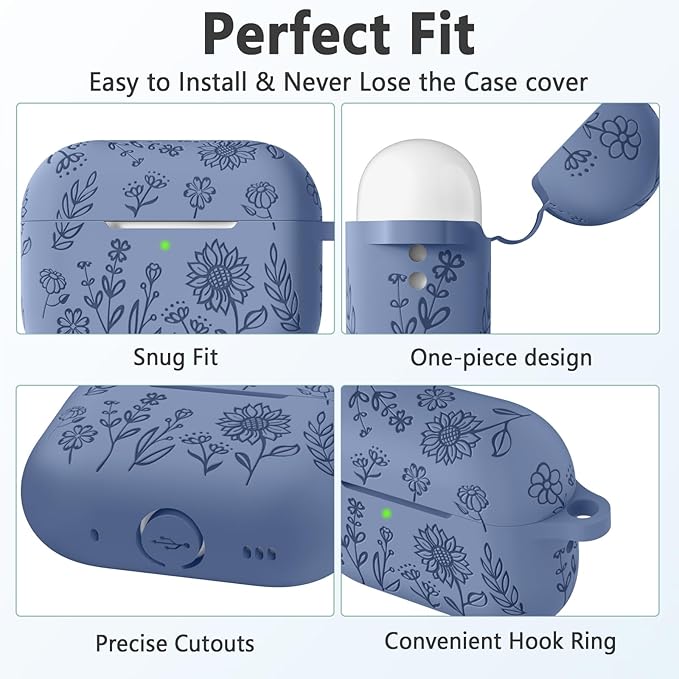 Hamile for AirPods Pro 2nd Generation Case with Cleaner Kit & Keychain, Cute Flower Engraved Soft Silicone Protective AirPods Pro Case Cover for Apple AirPods Pro Case 2nd/1st Generation, Blue Gray
