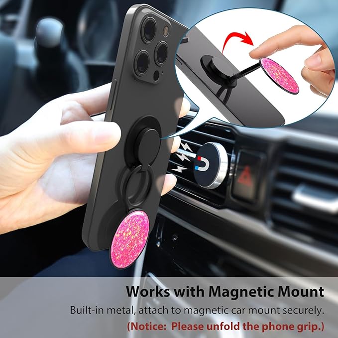 Phone Ring Holder, Phone Grip Holder Finger Kickstand, Foldable & Adjustable Metal Cell Phone Rings Gripper Stand Work with Magnetic Car Mount for iPhone Samsung & Other Phones - Sparkle Pink