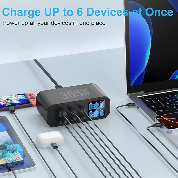 USB C Charger 6-Port with LED Display Adjustable Brightness, USB Charging Station GaN Multiport Fast Charger PD 100w 65W QC 3.0 Support PPS Compatible with MacBook iPhone Samsung, Black