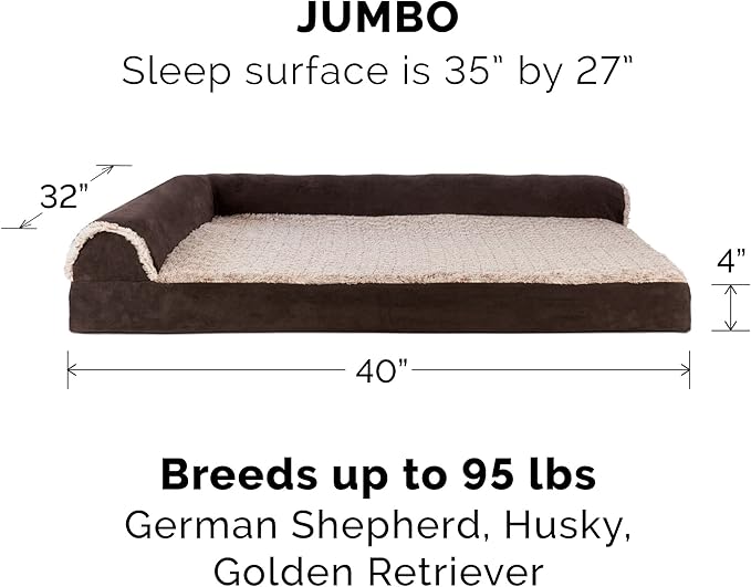 FurHaven Orthopedic Dog Bed & goDog Toy - Squeaky Plush Dino with Chew Guard Technology for Large Dogs - Two-Tone Plush Faux Fur & Suede L Shaped Chaise - Espresso, Jumbo/XL