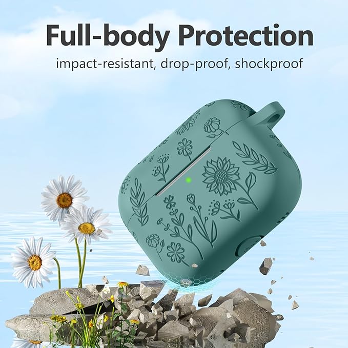 Hamile for AirPods Pro 2nd/1st Generation Case with Cleaner Kit & Keychain, Cute Flower Engraved Soft Silicone Protective AirPods Pro Case Cover for Apple AirPods Pro Case 2nd/1st Gen, Pine Green