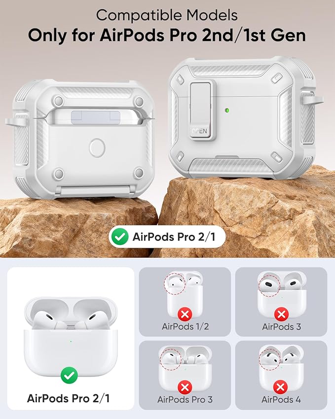 MoKo for AirPods Pro 2 Case with Lock - Compatible with MagSafe, Phone Stand & Auto Pop-up for AirPods Pro 2nd/1st Generation Case, Military-Grade Protective Cover with Cleaner Kit, White
