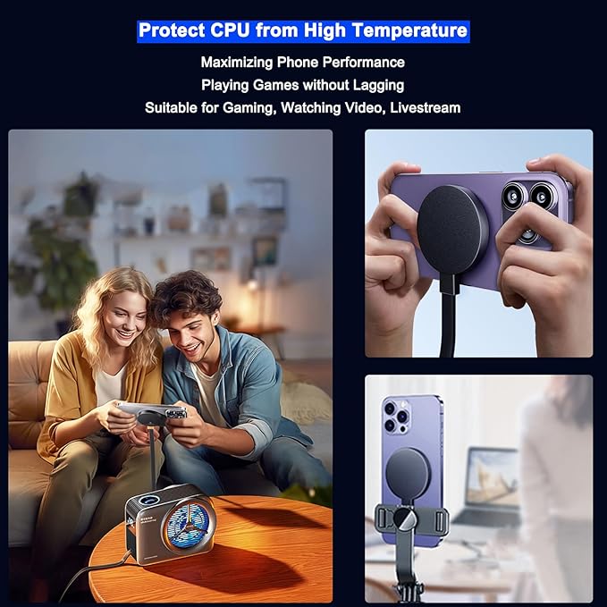 Phone Cooler for Gaming, Live Streaming, 50W Magnetic Cell Phone Cooler with Low Noise Liquid Cooling Radiator for iPhone MagSafe Series/Android/iPad/Tablet, with RGB Cooling Fan (White & Red)