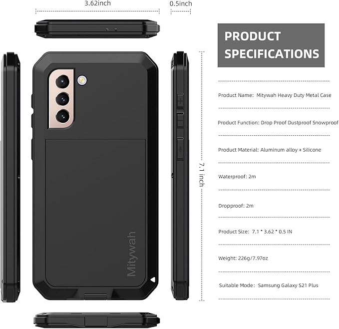 Mitywah Case Designed for Samsung Galaxy S21 Plus, Military Grade Heavy Duty Shockproof Drop Proof Dirtproof Rugged Aluminum Metal Tough Cases Cover for Galaxy S21 Plus 6.7 inch-Black