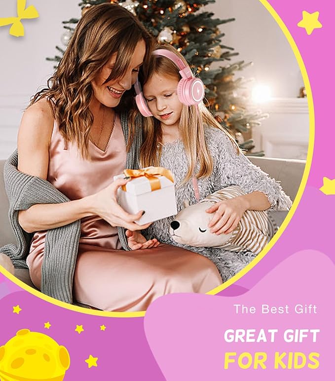 Kid Headphones for School, USB Type C Kids Headphone with LED Lights, Wired Boys Girls Headphones with Safe Limiter 85dB/94dB, Foldable On Ear Headphones with Microphones for Girls, Boys, iPad-Pink