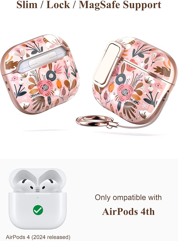 TATOFY Cover for AirPods Pro 4th Generation Case with Lock Clip Cleaner Kit Slim Hard AirPod 4 Lock Case Compatible with MagSafe (Pink)
