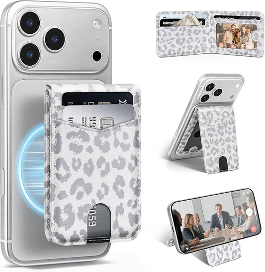 Compatible with Magsafe Case with Card Holder for Men Women Magnetic Ultra-Thin Wallet Bracket Adjustable Bracket for iPhone 17/16/15/14/13/12 Pro/Pro Max/PlusSeries,Leopard-White