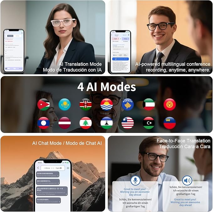 AI Bluetooth Glasses, AI Glasses Powered by ChatGPT, Color-Change Lenses, Support 169 Languages, Real-Time Translation via APP, Smart Glasses for Meeting/Travel/Trade (Clear)