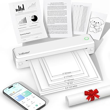 Labeer Portable Thermal Printer, Wireless Bluetooth Inkless Printer White