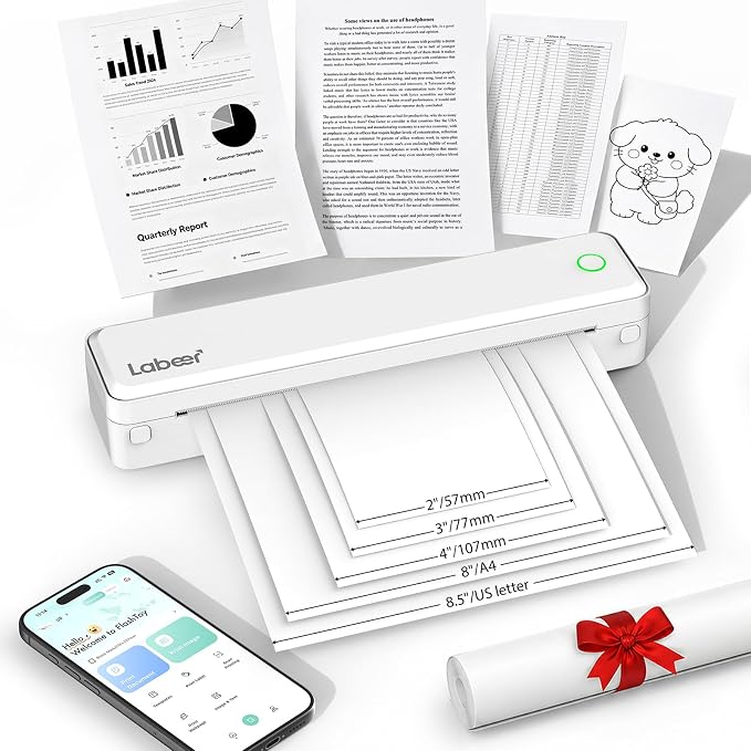 Labeer Portable Thermal Printer, Wireless Bluetooth Inkless Printer White