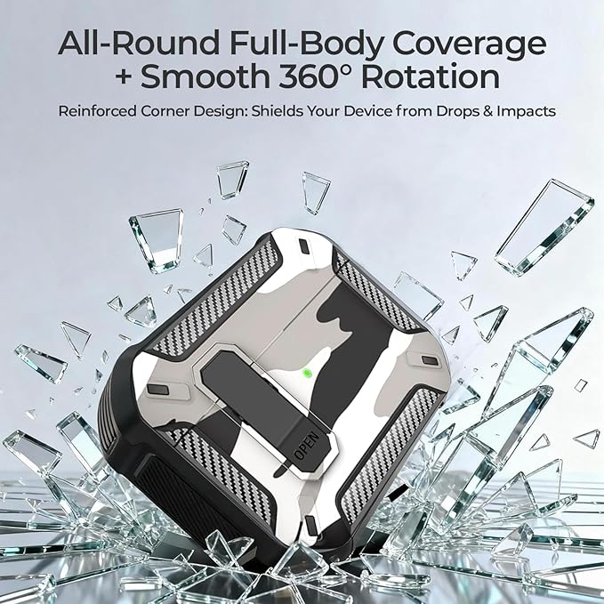 for AirPods 4 Case 2024 with Secure Lock Clip - Military-Grade Drop Protection AirPods 4th Generation Case, Carbon Fiber Shockproof Cover, Automatic Pop-up & Carabiner Hook, Camo Gray