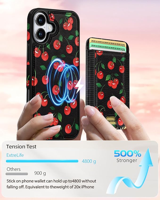 Shorogyt for iPhone 17 Wallet Case - Fits 5 Cards, Compatible with Magsafe Detachable Magnetic Credit Card Holder Leather Cardholder Cute Phone Cover Women Girls for Apple 17, Cherry